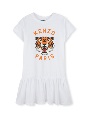 Abito con stampa Tiger per bambina Kenzo Kids bianco con orlo svasato