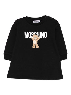 Abito felpato per neonata Moschino Kids nero con stampa Teddy Bear