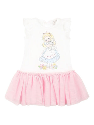 Monnalisa white cotton dress for newborns with Alice print