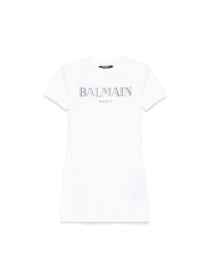 Abito modello t-shirt per bambina Balmain Kids bianco con decorazione logo