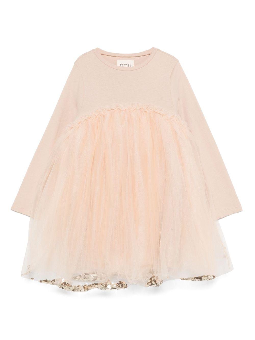Abito per bambina Douuod Kids beige in tulle con dettagli con ruches e paillettes - Rubino Kids