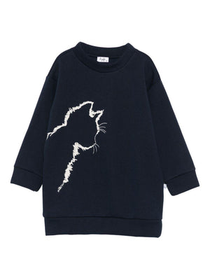 Blue Il Gufo dress for girls with cat embroidery