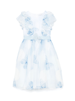 Abito per bambina Monnalisa azzurro con stampa farfalla con dettagli con ruches