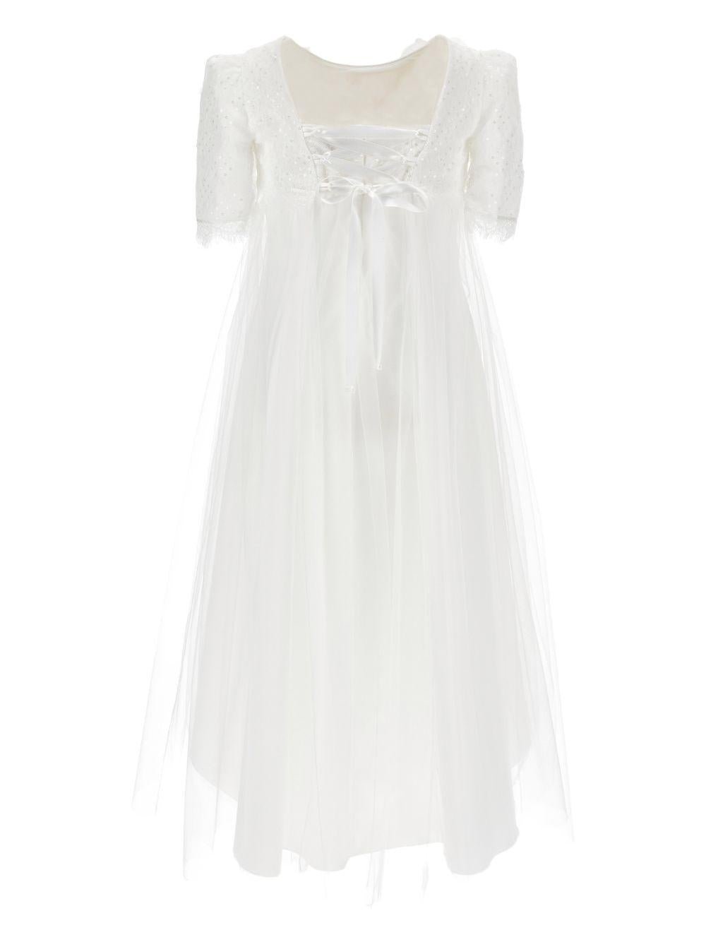 Abito per bambina Monnalisa bianco con applicazione fiori e paillettes - Rubino Kids