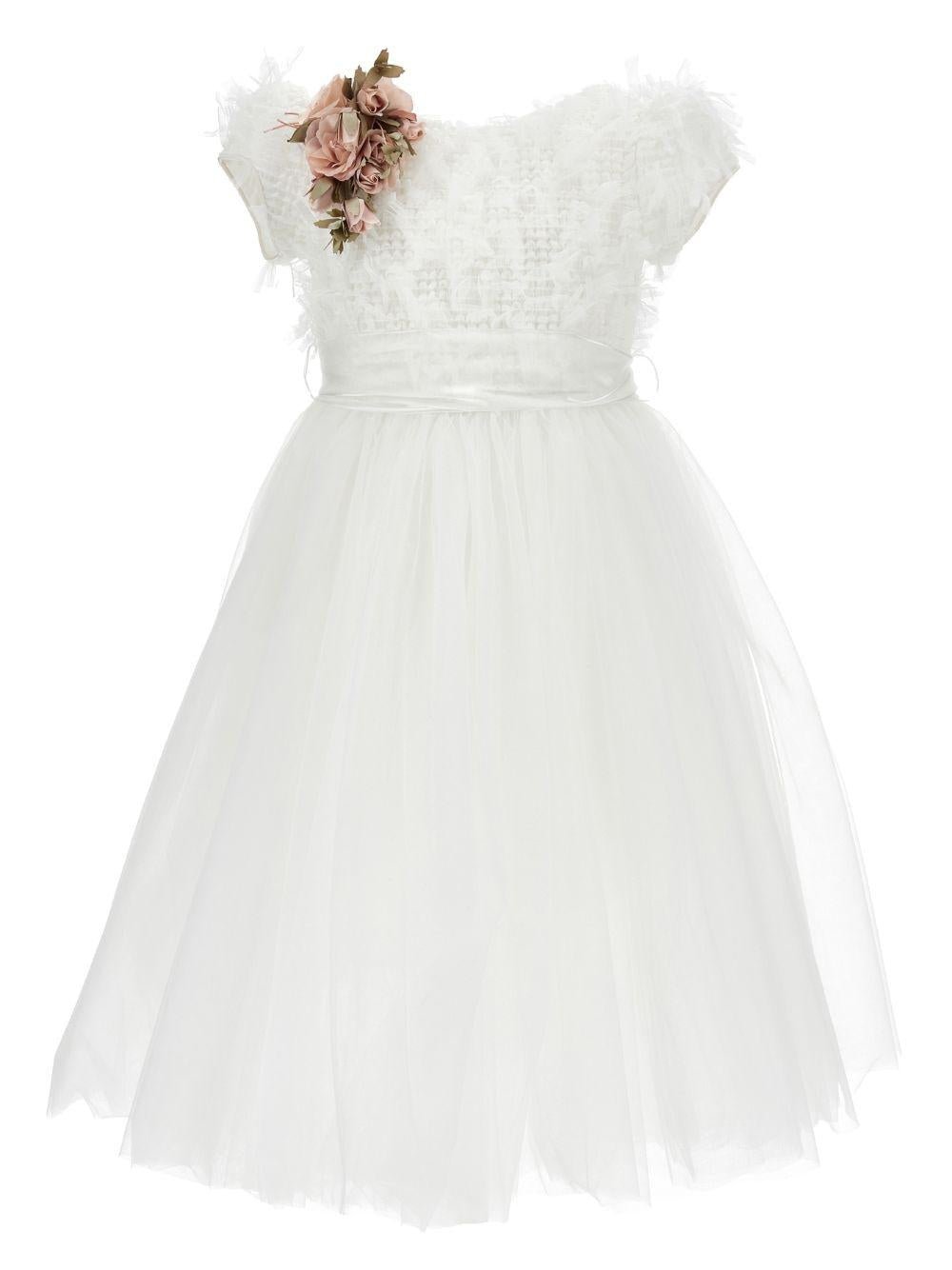 Abito per bambina Monnalisa bianco con applicazione fiori - Rubino Kids