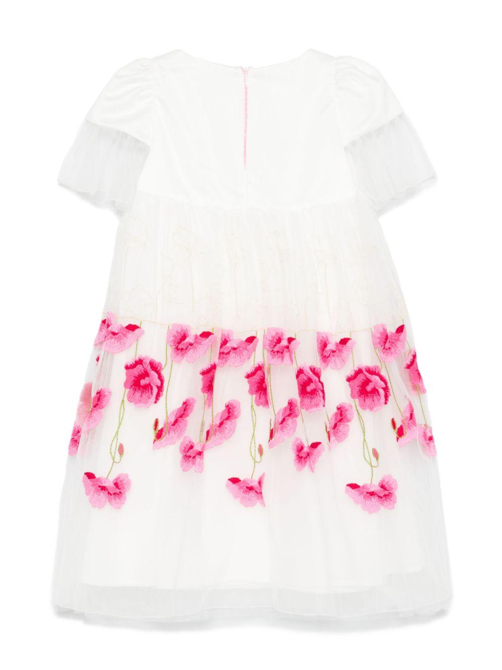 Abito per bambina Monnalisa bianco con ricamo a fiori con inserti in tulle - Rubino Kids