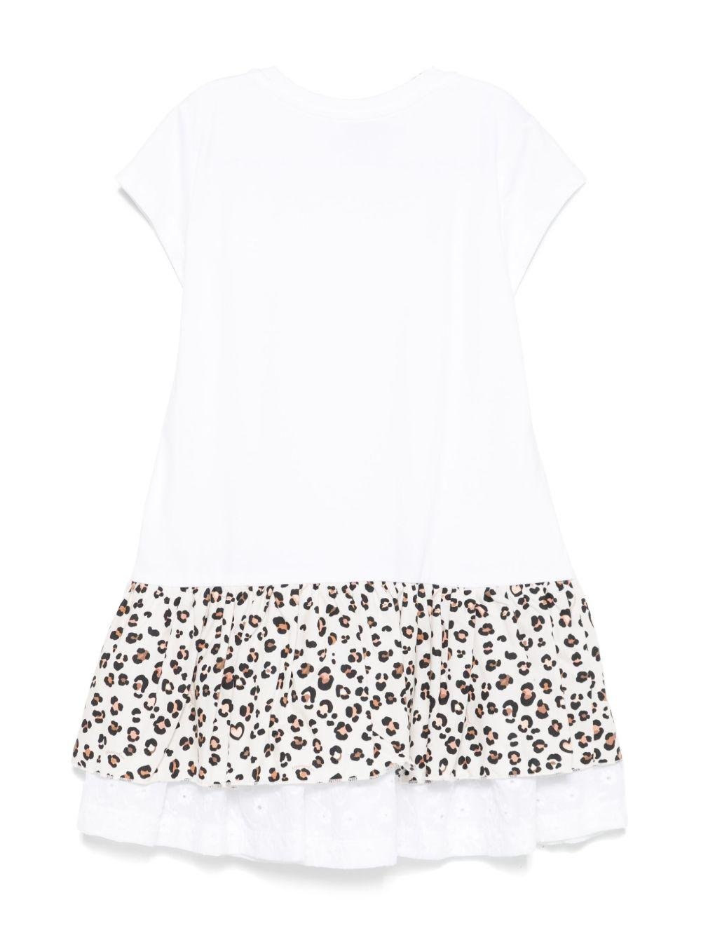 Abito per bambina Monnalisa bianco con ruches e dettaglio leopardato - Rubino Kids