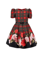 Abito per bambina Monnalisa rosso con motivo a quadretti e stampa con fiori - Rubino Kids