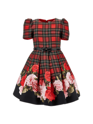 Abito per bambina Monnalisa rosso con motivo a quadretti e stampa con fiori