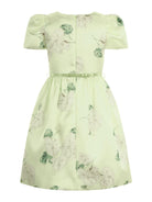 Abito per bambina Monnalisa verde con stampa grafica a fiori con cintura - Rubino Kids