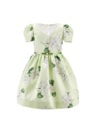 Abito per bambina Monnalisa verde con stampa grafica a fiori con cintura - Rubino Kids