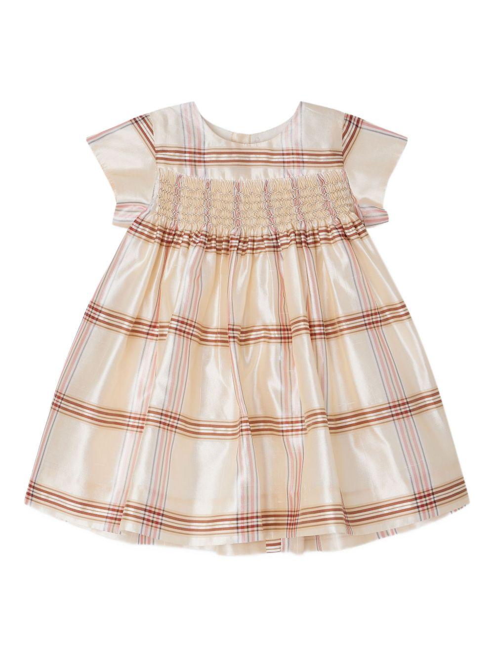 Abito per neonata Bonpoint beige con motivo a quadri e dettagli plissettati - Rubino Kids
