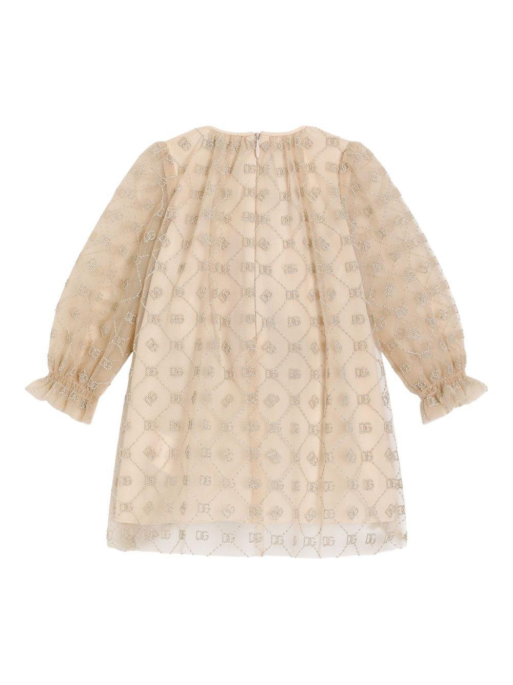 Abito per neonata Dolce & Gabbana Kids beige con maniche lunghe e strato superiore in tulle - Rubino Kids