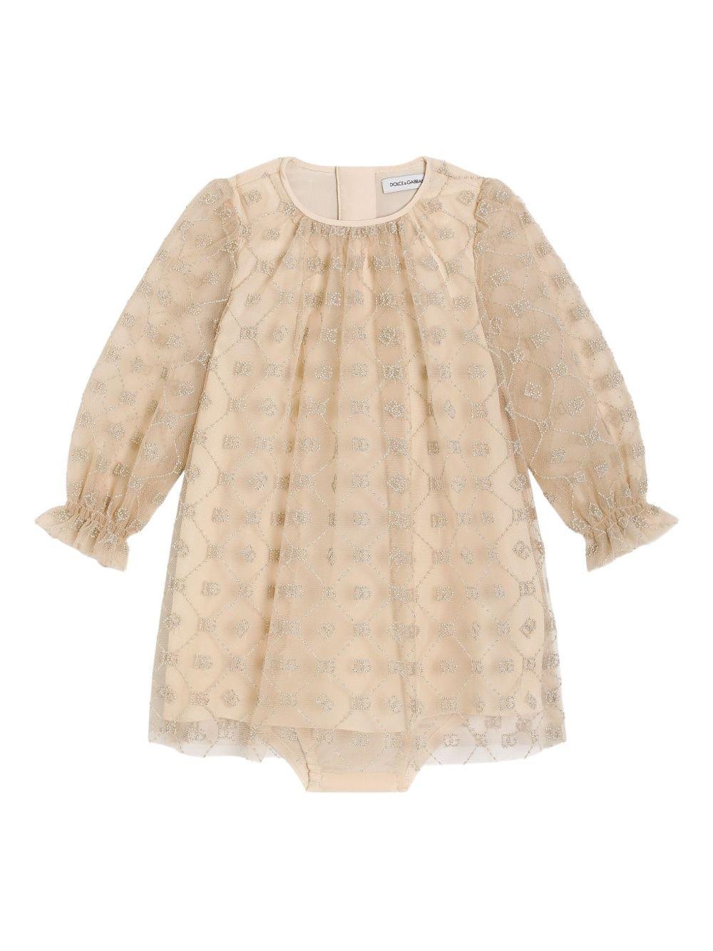 Abito per neonata Dolce & Gabbana Kids beige con maniche lunghe e strato superiore in tulle - Rubino Kids