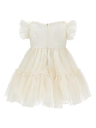 Abito per neonata Monnalisa beige con ruches e inserti in tulle - Rubino Kids