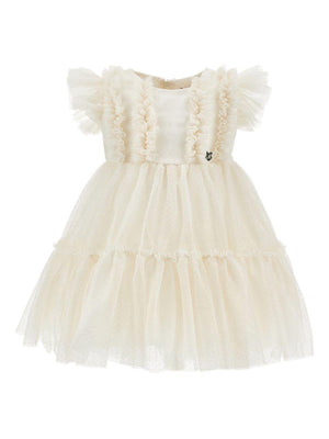 Monnalisa beige baby girl dress with ruffles and tulle inserts