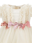 Abito per neonata Monnalisa beige con ruches e inserti in tulle - Rubino Kids