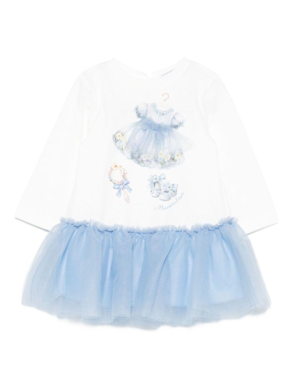Abito per neonata Monnalisa bianco con gonna in tulle azzurra - Rubino Kids