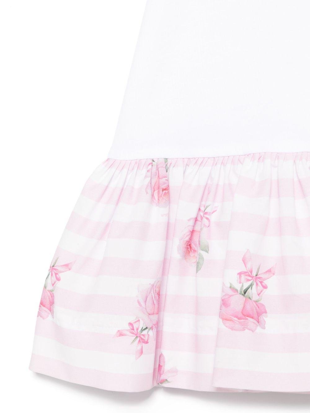 Abito per neonata Monnalisa bianco con inserti motivo a righe orizzontali sulla gonna - Rubino Kids