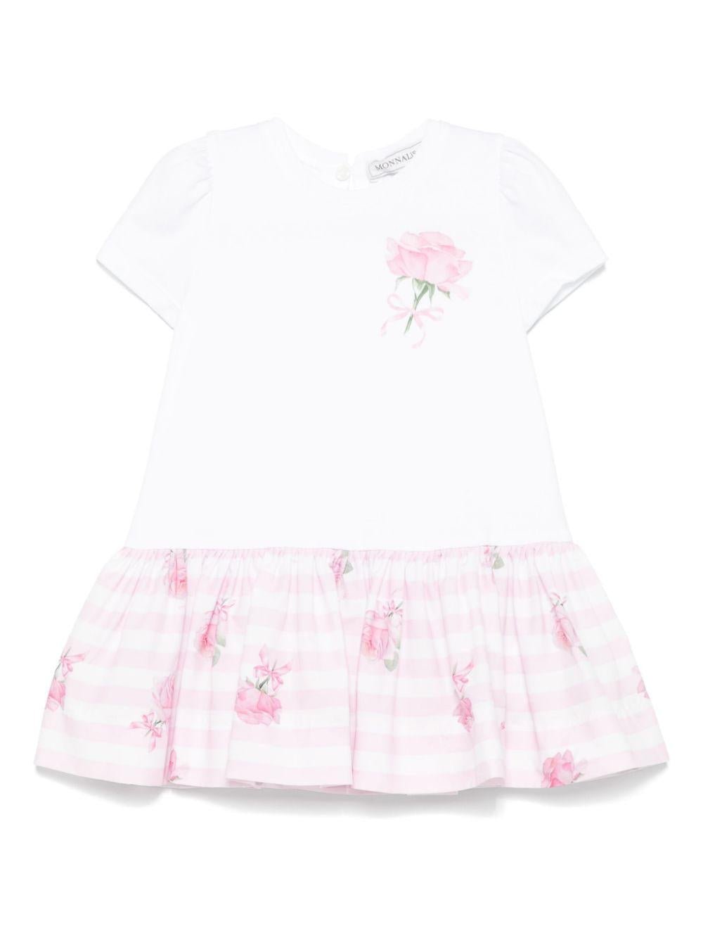 Abito per neonata Monnalisa bianco con inserti motivo a righe orizzontali sulla gonna - Rubino Kids