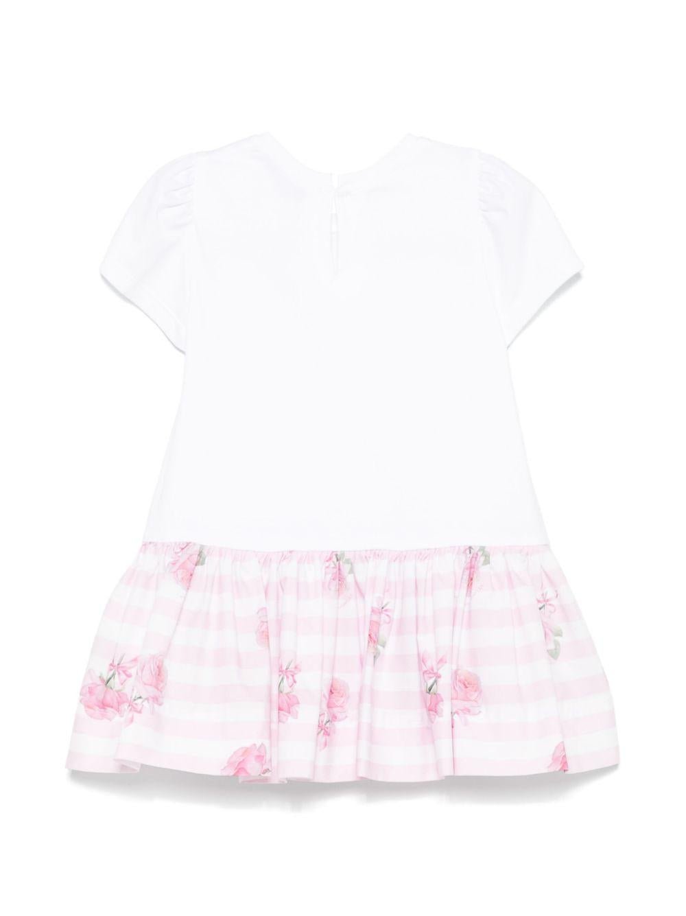 Abito per neonata Monnalisa bianco con inserti motivo a righe orizzontali sulla gonna - Rubino Kids