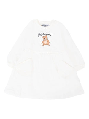Abito per neonata Moschino Kids bianco con stampa Teddy