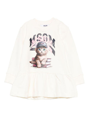 Abito per neonata MSGM Kids bianco con stampa gatto