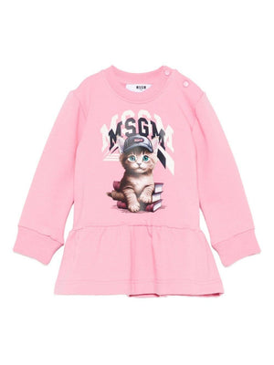 Abito per neonata MSGM Kids rosa con stampa di gatto