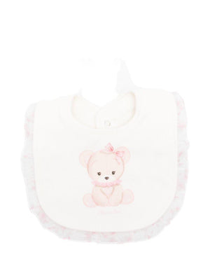 Monnalisa white baby bib with pink ruffles