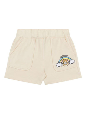 Moschino Kids beige Bermuda shorts with elastic waistband and logo for newborns.