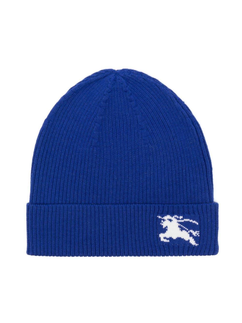 Berretto lavorato a maglia con motivo cavaliere equestre per bambino Burberry Kids blu con dettagli a coste - Rubino Kids