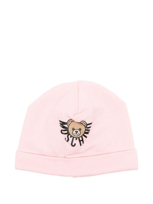 Moschino Kids pink baby hat with Teddy Bear logo