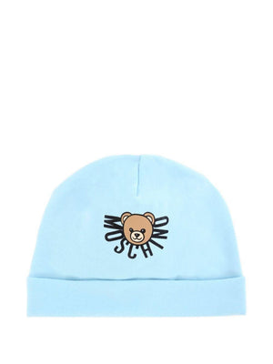 Moschino Kids baby hat in light blue with teddy print