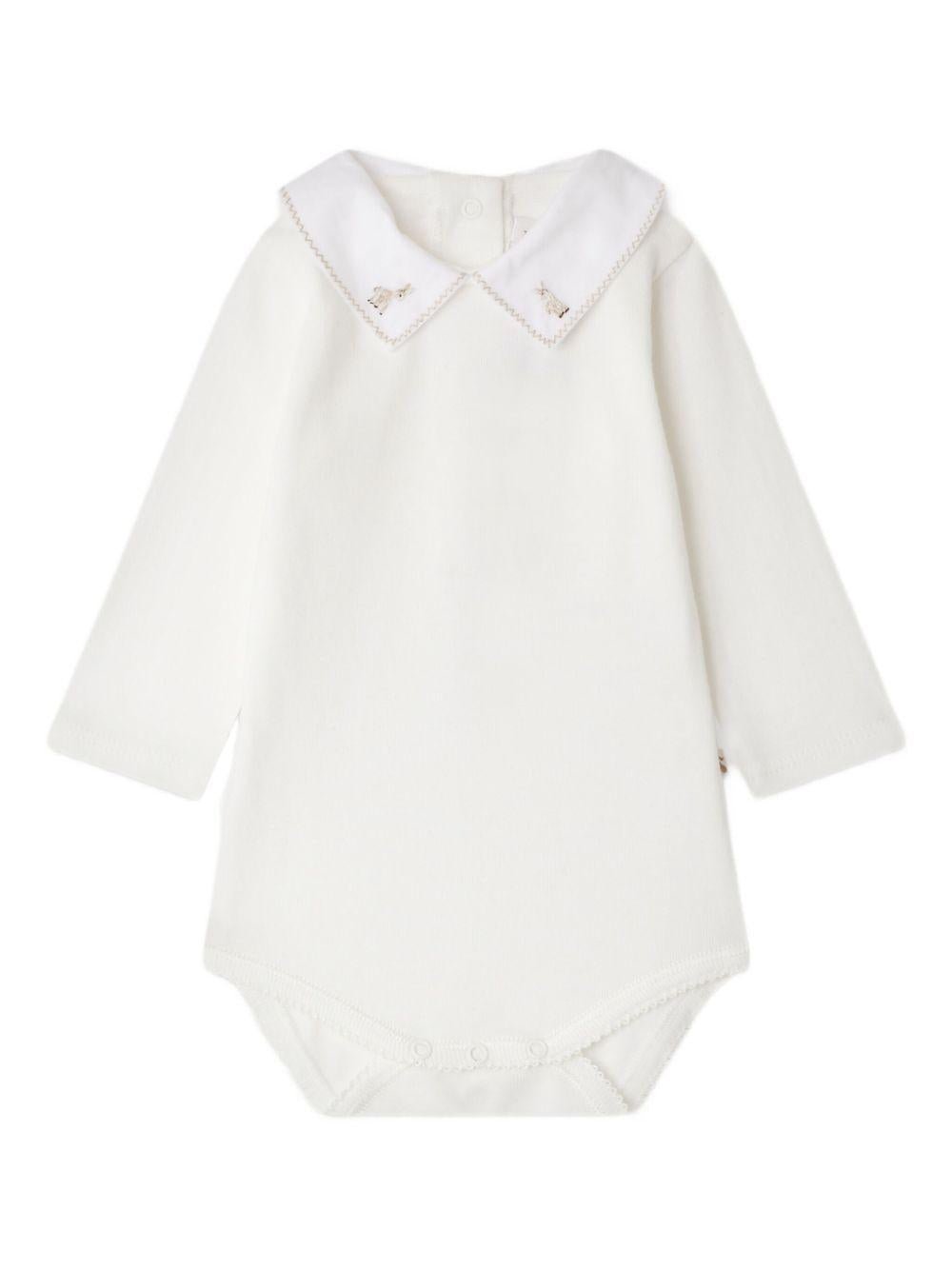 Body per neonata Bonpoint bianco con colletto Peter Pan ricamato e cucitire beige - Rubino Kids