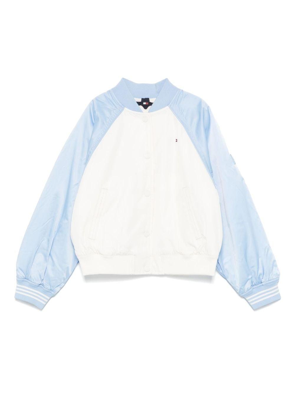Bomber per bambina Tommy Hilfiger Junior azzurro e bianco con colletto a coste - Rubino Kids