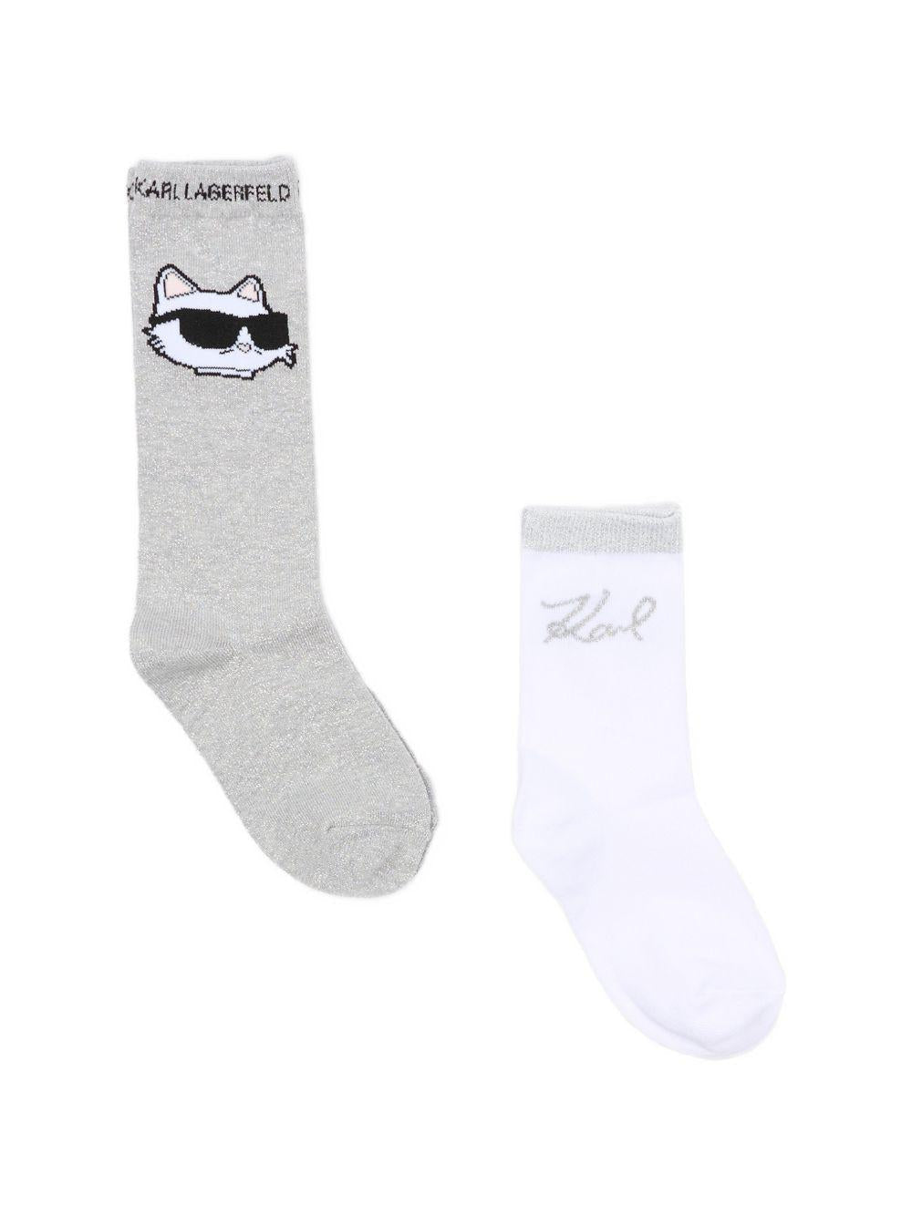 Calzini per bambina Karl Lagerfeld Kids bianco e grigio con stampa di gatti (set di due) - Rubino Kids