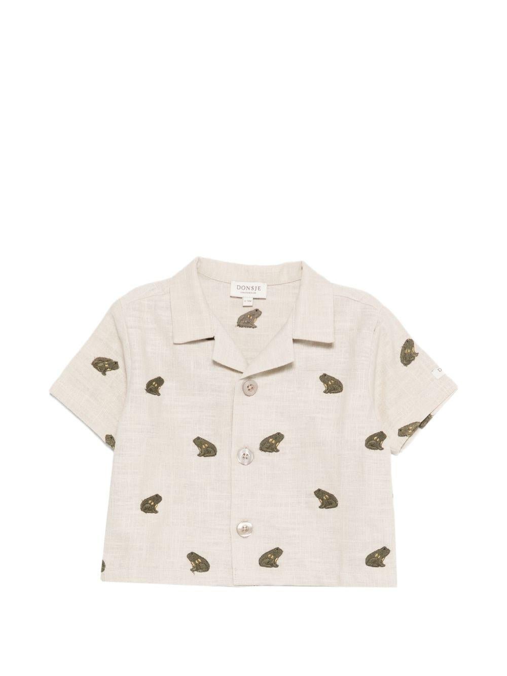 Camicia Deccie per neonato Donsje beige con ricamo rane all - over - Rubino Kids