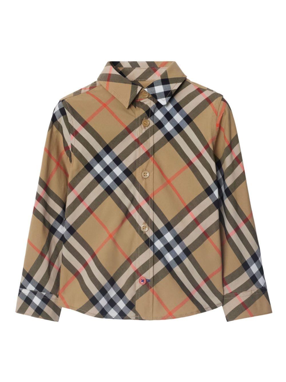 Burberry Kids Beige Checked Cotton Shirt for Baby Boys with