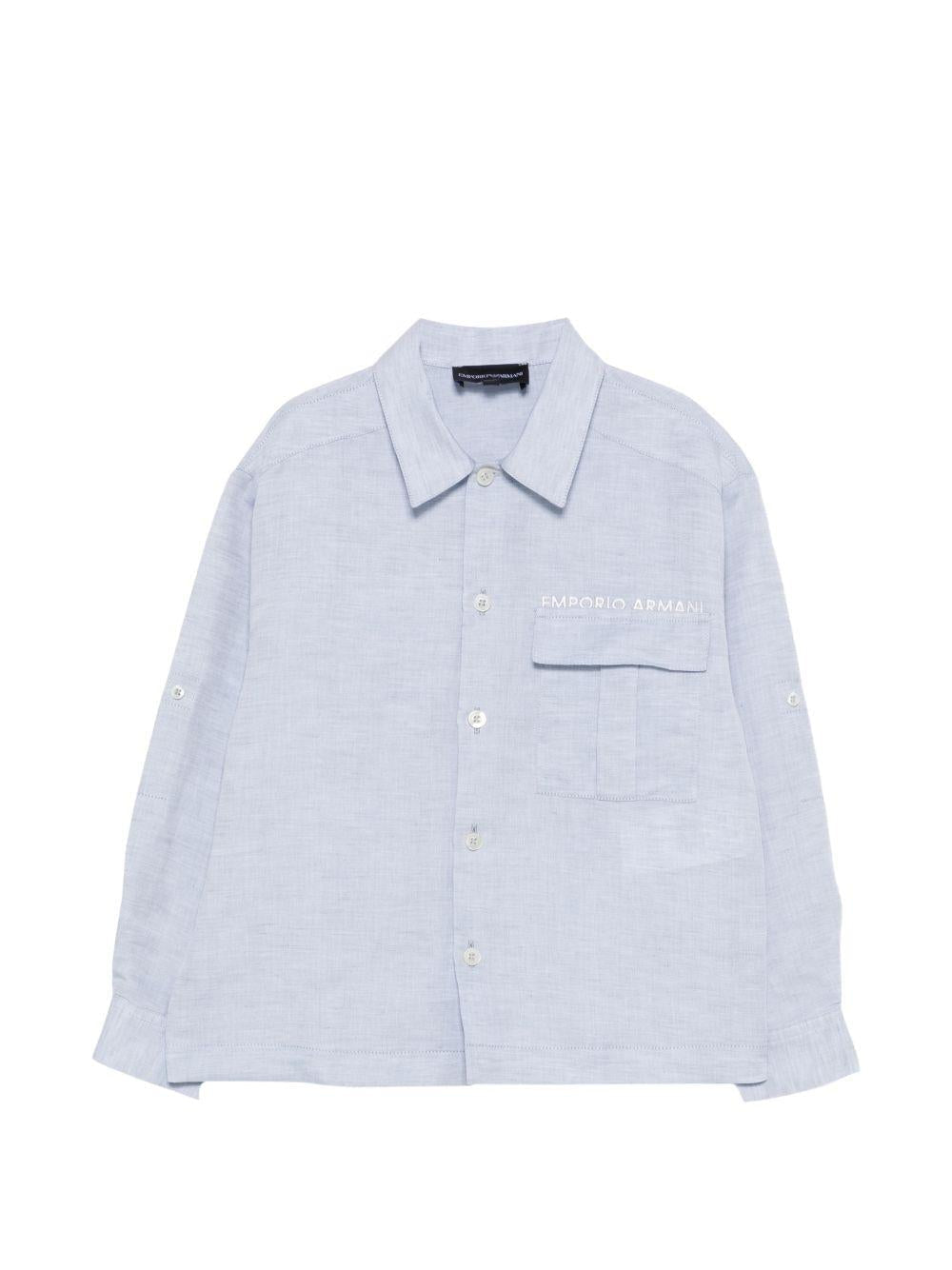 Camicia per bambino Emporio Armani Kids azzurra con logo ricamato sul davanti - Rubino Kids