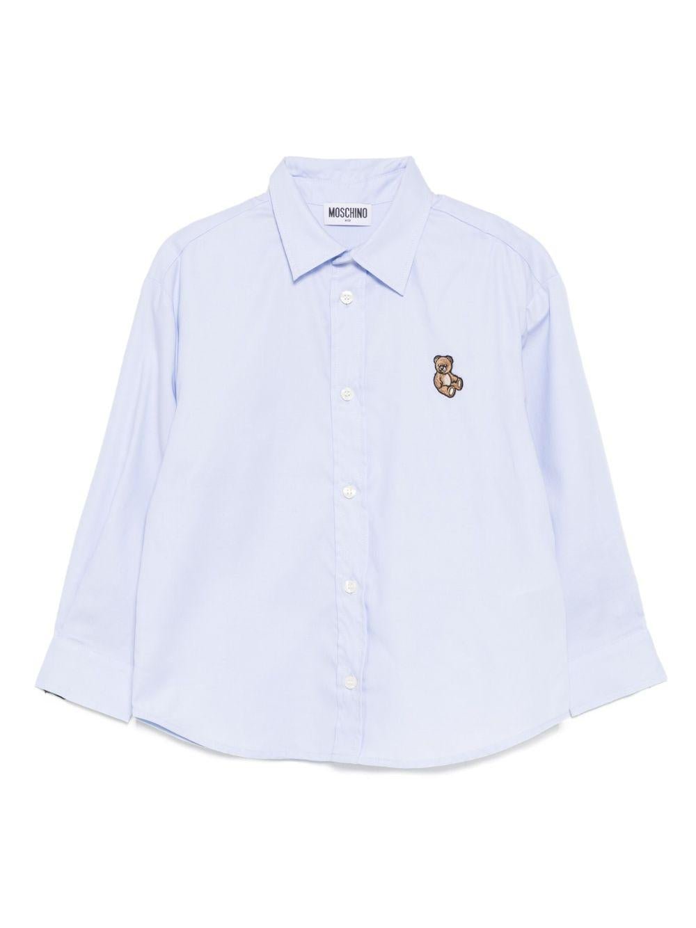 Camicia per bambino Moschino Kids azzurro in cotone con applicazione logo - Rubino Kids