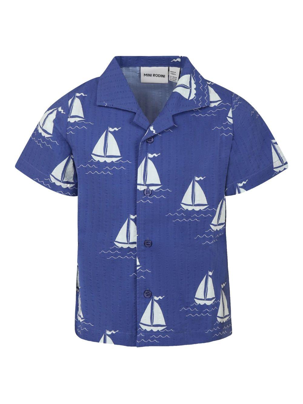 Camicia Sailing Boats per bambino Mini Rodini blu con colletto alla cubana - Rubino Kids