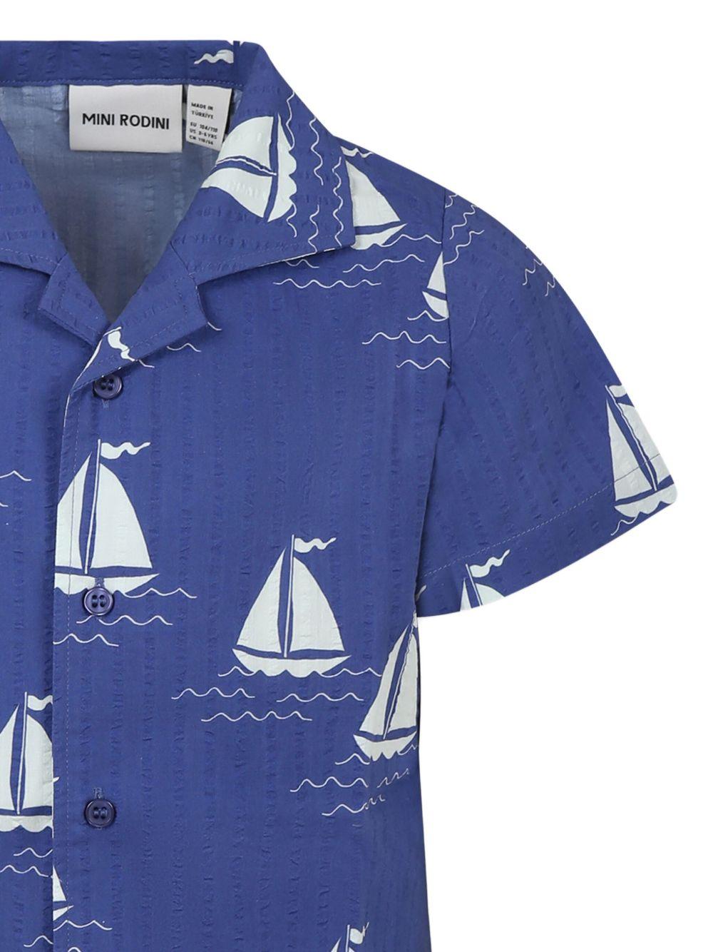 Camicia Sailing Boats per bambino Mini Rodini blu con colletto alla cubana - Rubino Kids