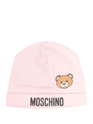 Cappello per neonata Moschino Kids rosa con stampa logo e Teddy Bear