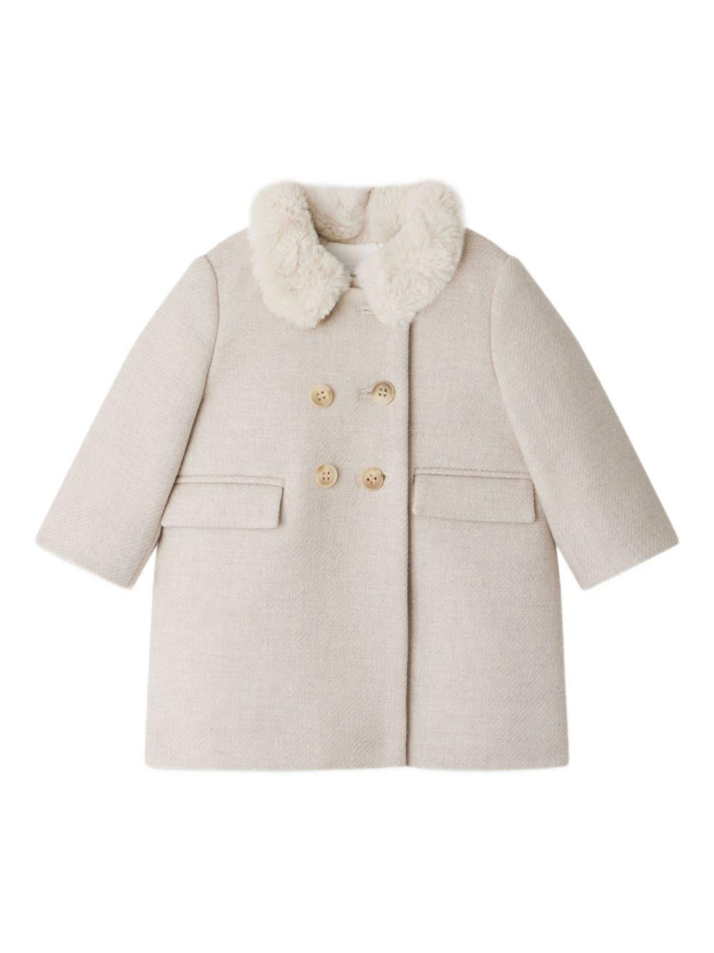 Cappotto doppiopetto per neonata Bonpoint Moka beige con colletto in pelliccia sintetica - Rubino Kids