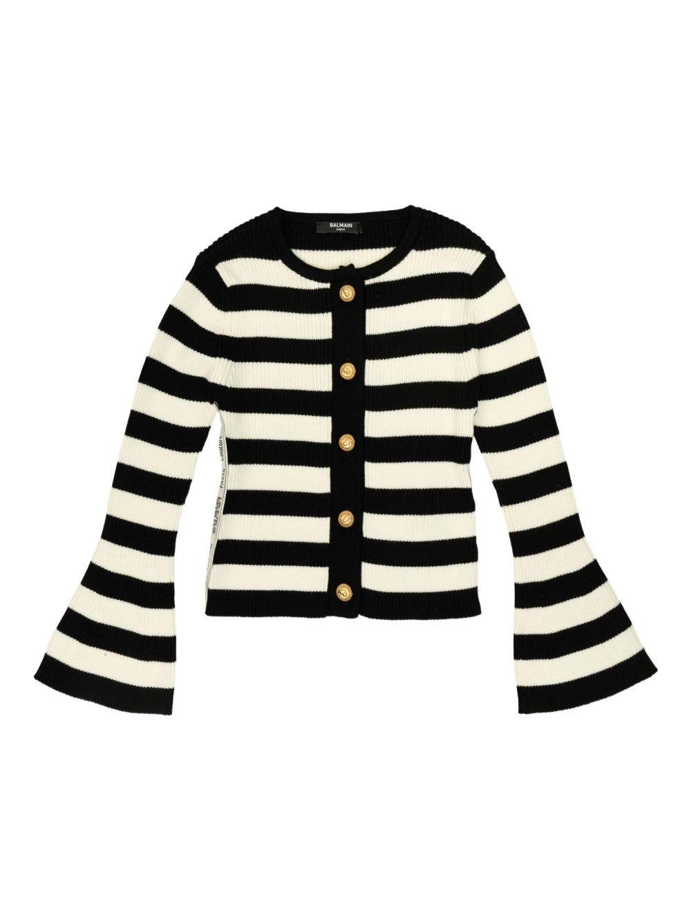 Cardigan a righe per bambina Balmain Kids bianca e nera con lavorazione in maglia - Rubino Kids
