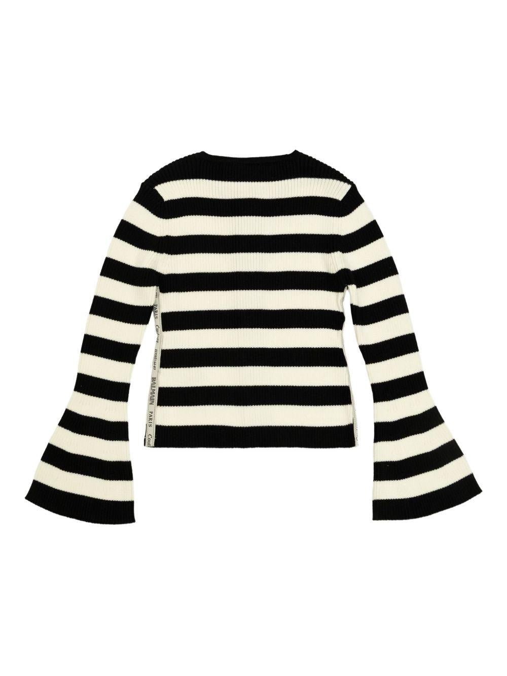 Cardigan a righe per bambina Balmain Kids bianca e nera con lavorazione in maglia - Rubino Kids