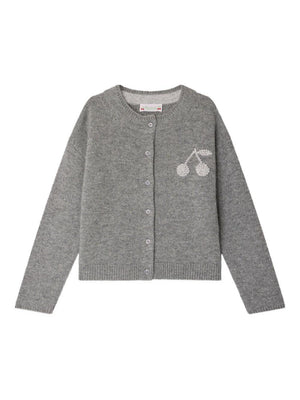 Cardigan per bambina Bonpoint Judicael grigio decorato con ciliegie