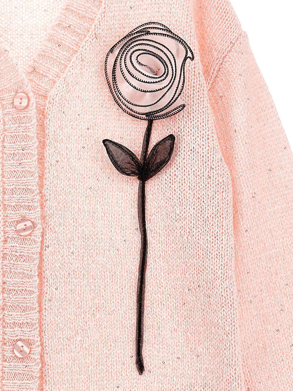 Cardigan per bambina Monnalisa rosa con scollo a V e applicazione rose - Rubino Kids