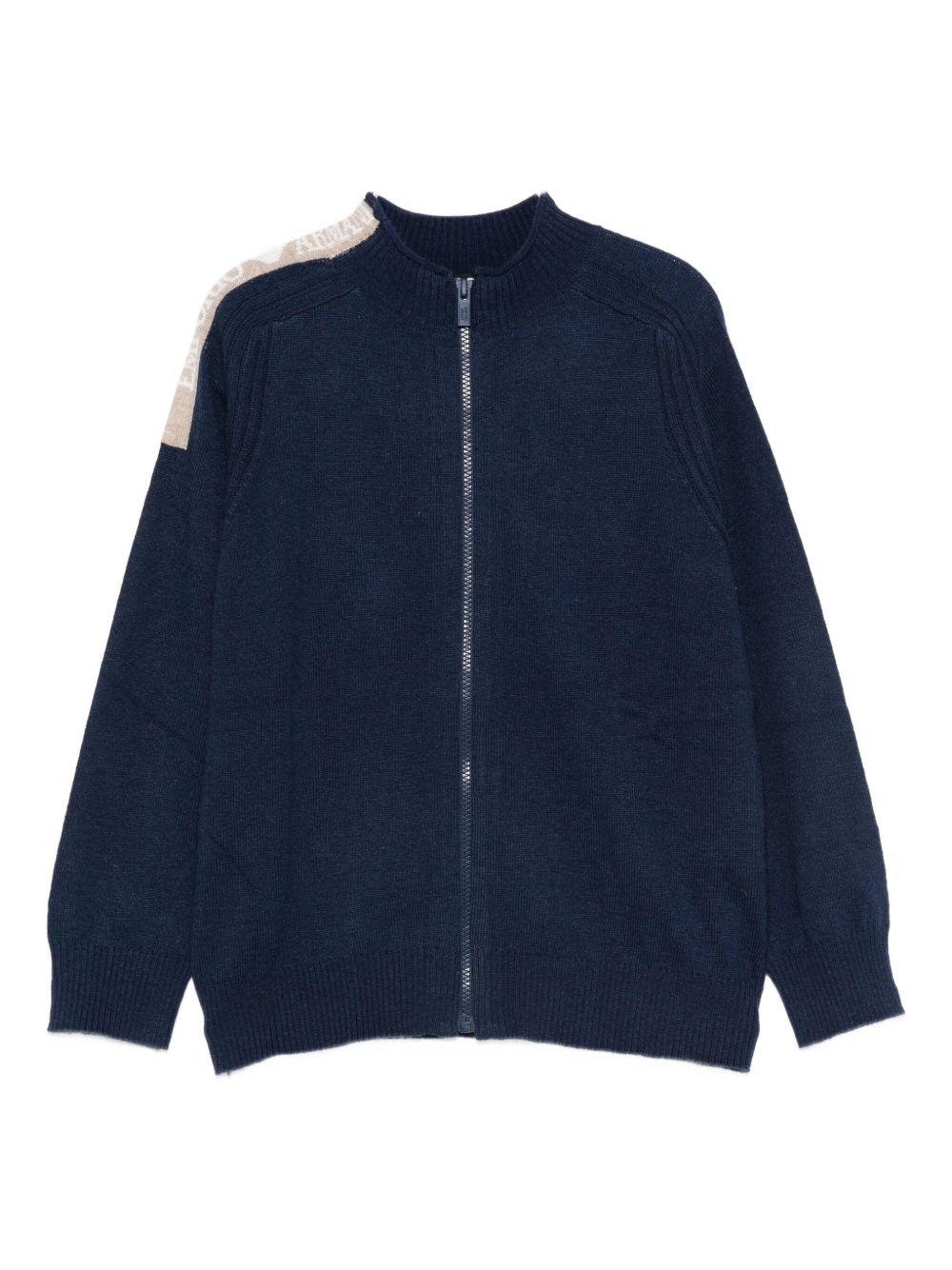 Cardigan per bambino Emporio Armani Kids blu navy con applicazione sulla spalla - Rubino Kids