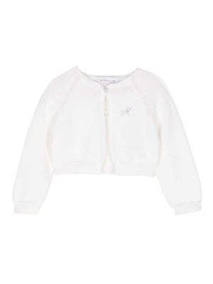 Monnalisa white cardigan for newborns with rhinestone logo application